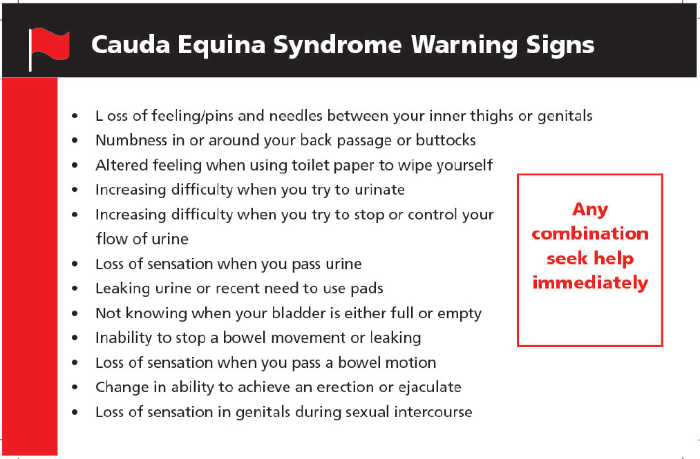 MACP card on Cauda Equina Syndrome Warning signs